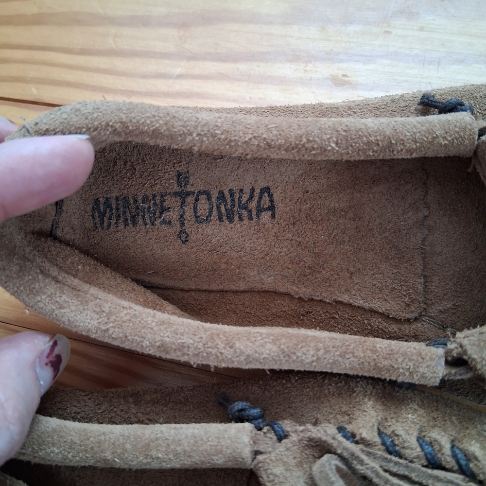 Minnetonka Brown Suede Moccasins with Fringe - Picture 3 of 5